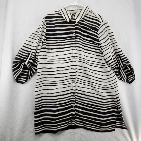 Chicos Top Women's 3/4 Sleeve Striped Button Up Tunic Black Large(12/14) - Picture 2 of 12